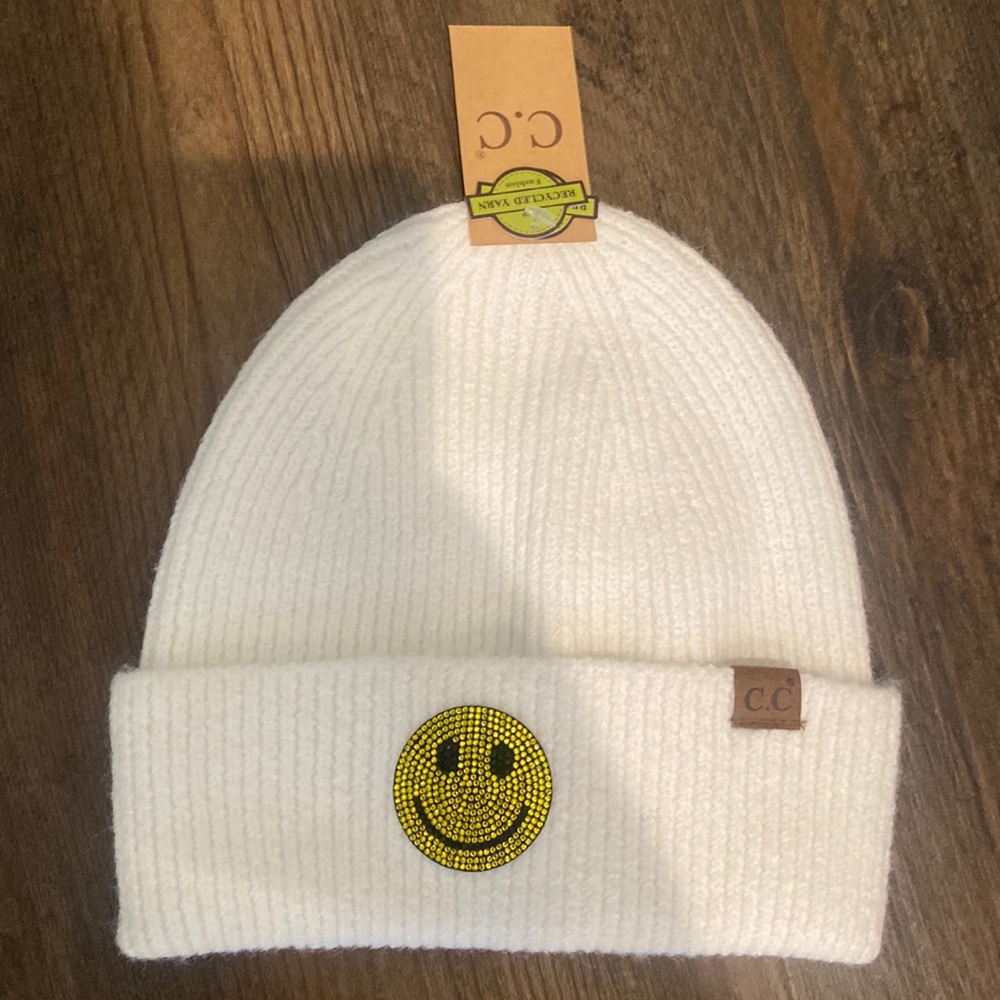NWT - CC Brand White Beanie with Smiley detail